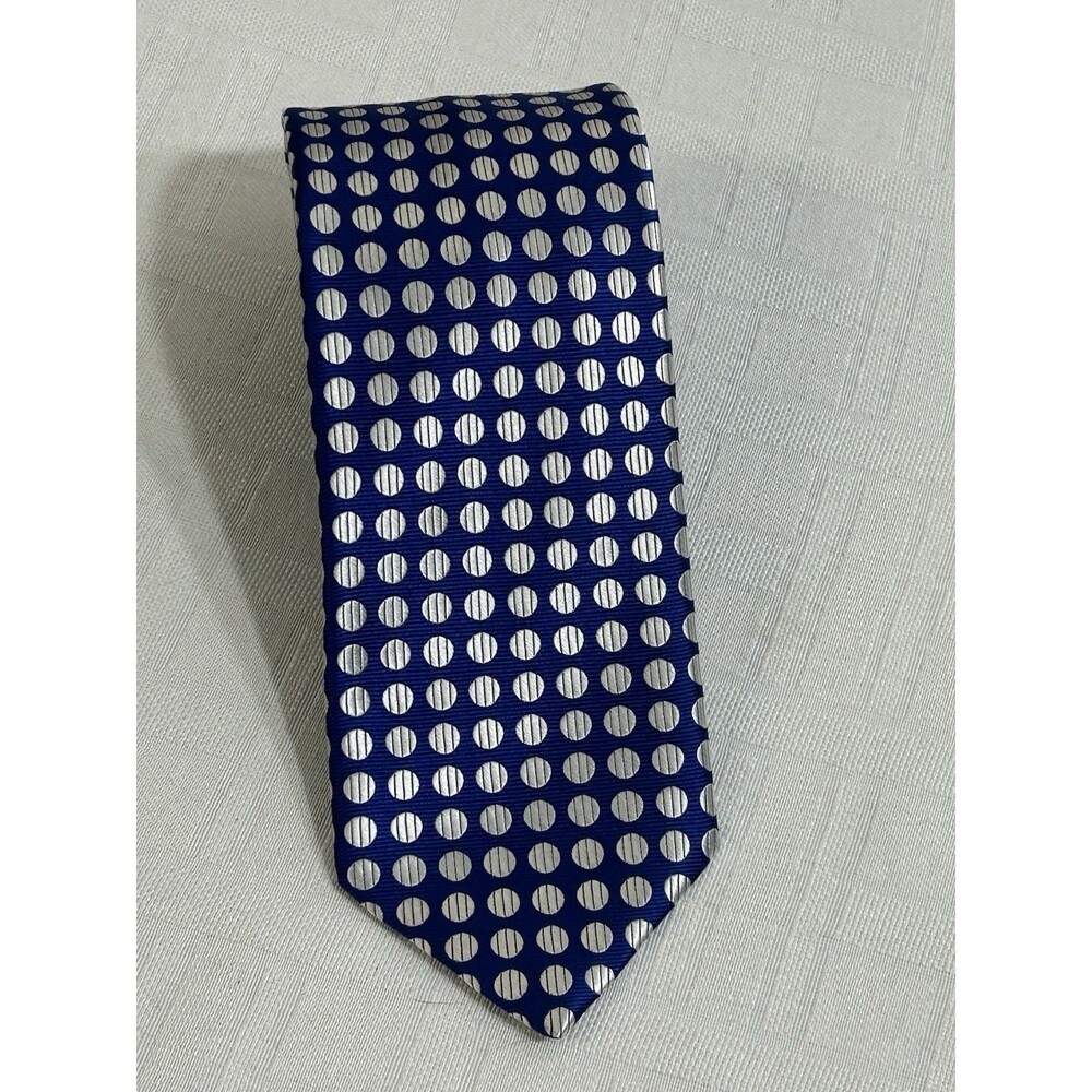 GEOFF NICHOLSON Made ITALY Tie Silk Tie BLUE SILVER Polka Dot 100% Silk Necktie